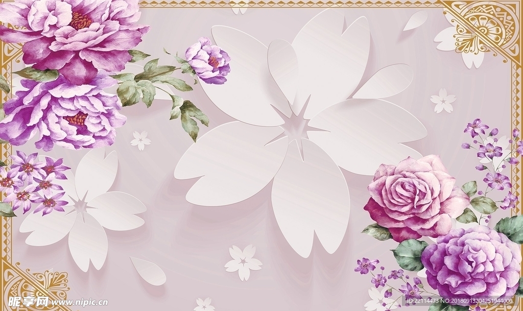 3D紫色简约手绘牡丹花背景墙壁