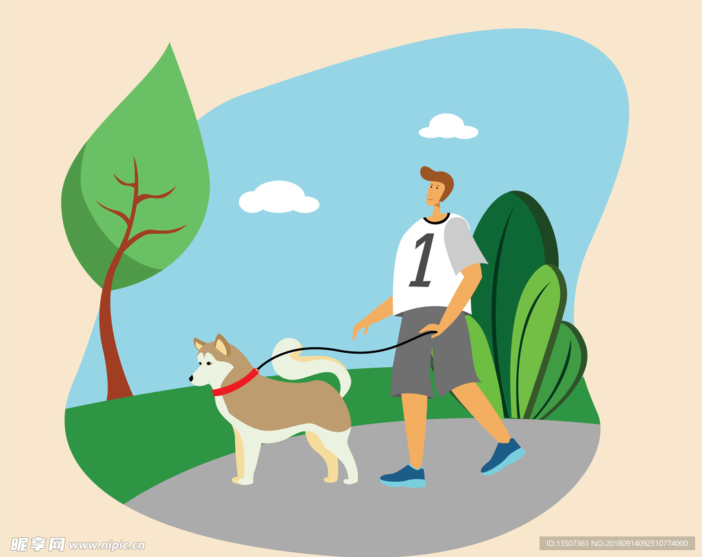 手绘一个男孩在公园里遛狗插画