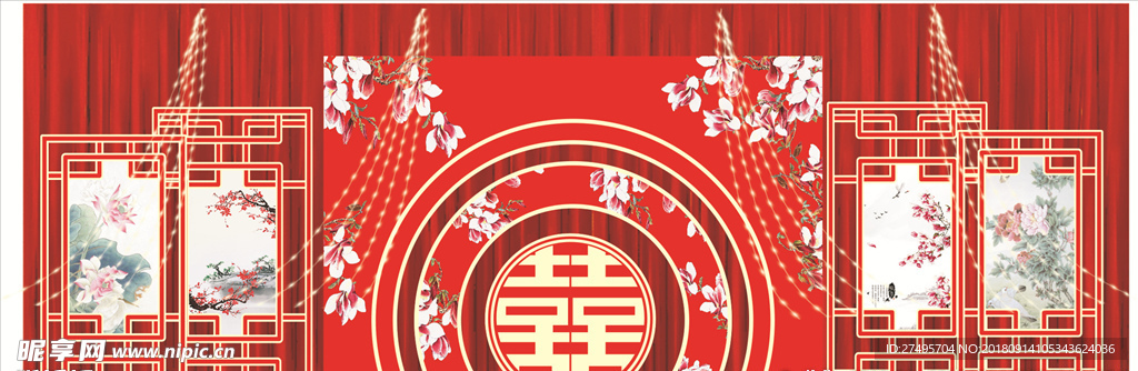中式红色屏风素材