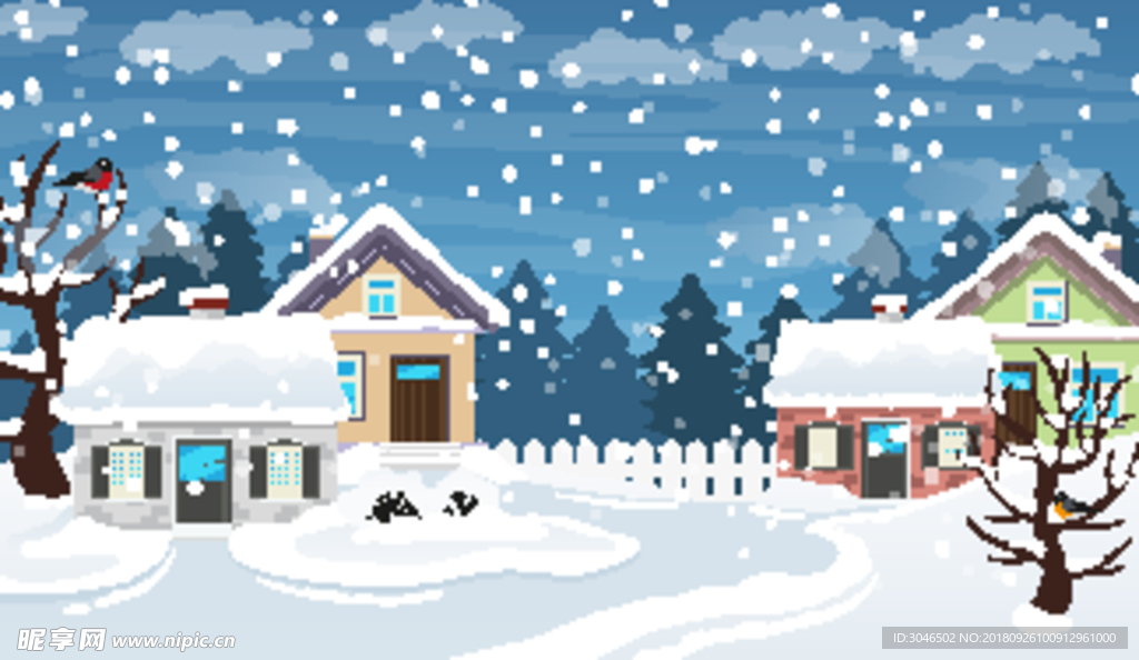 矢量卡通动漫冬季房屋雪景插画