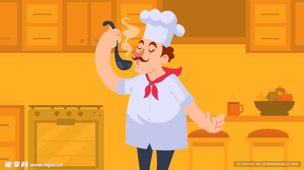 手绘品菜的厨师插画设计