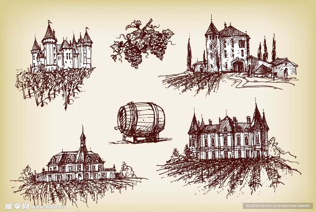 矢量葡萄庄园手绘
