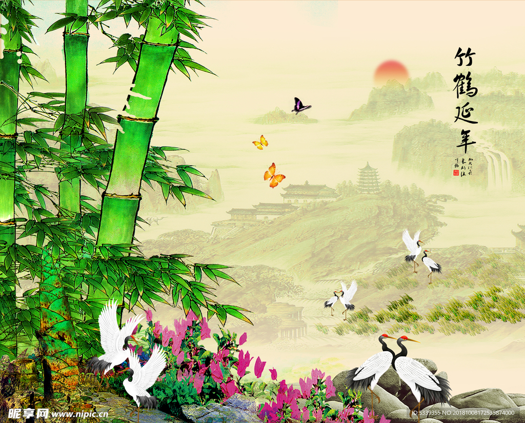 竹鹤延年 竹子仙鹤