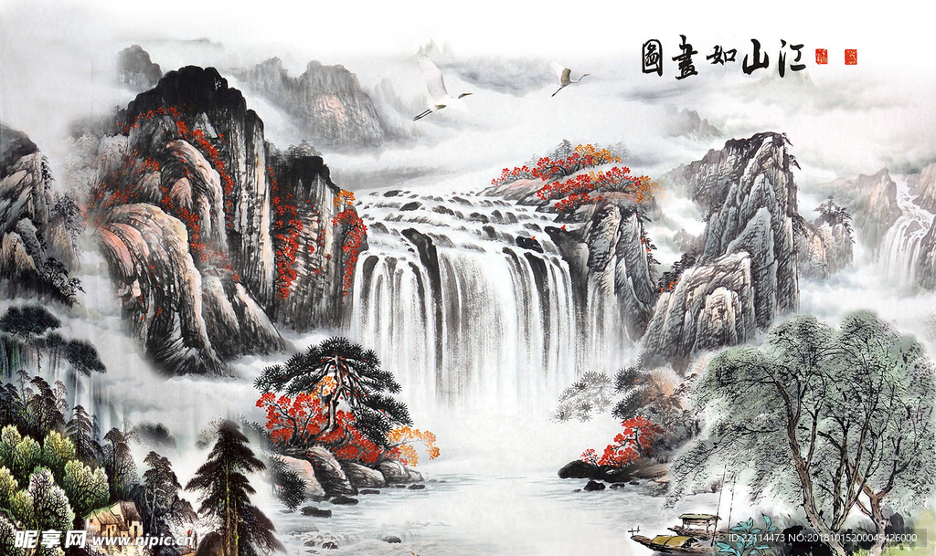 古典江山如画图水墨背景墙