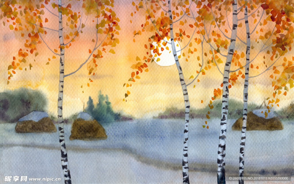 秋季傍晚乡村风情装饰画