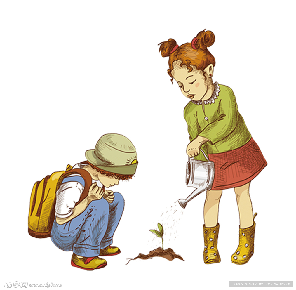 卡通儿童浇水植物
