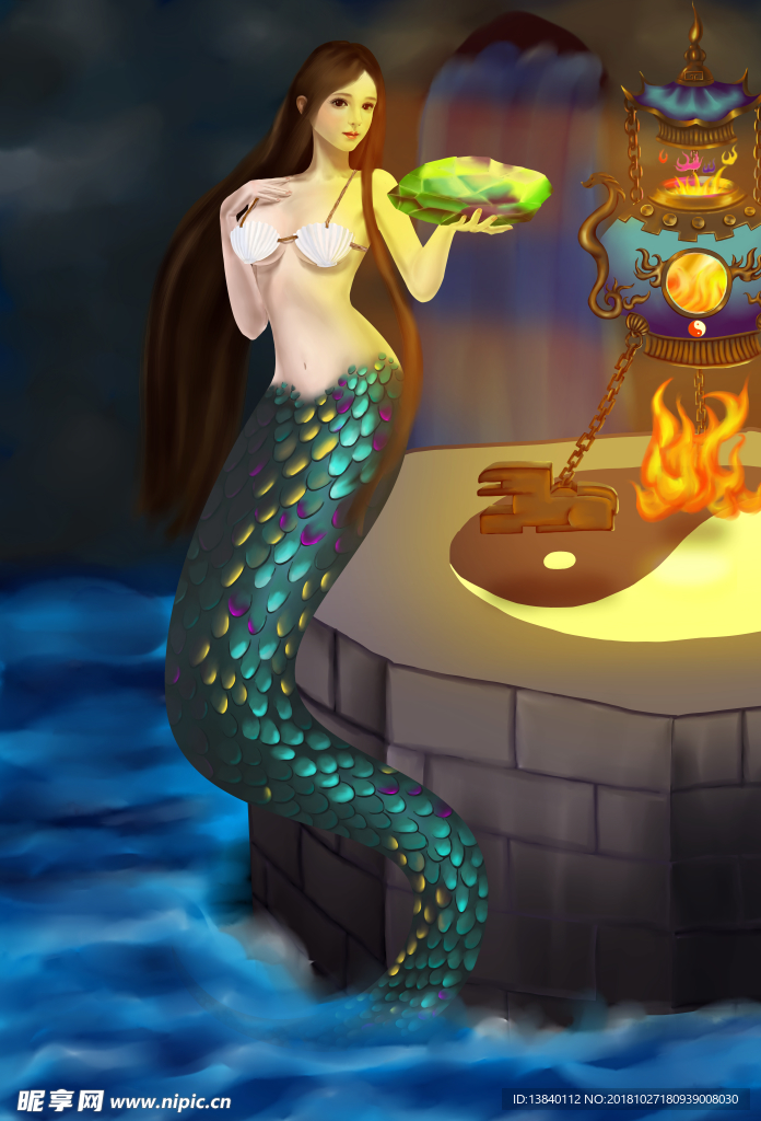 手绘美女 女娲炼五色石