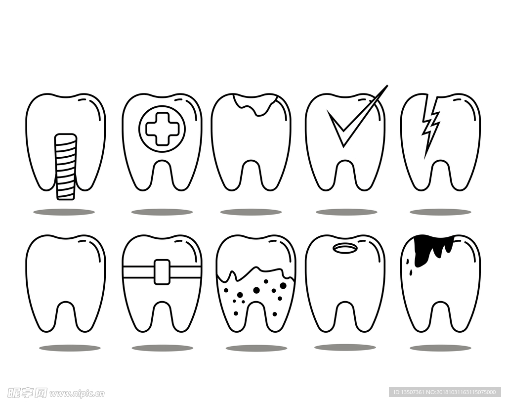 手绘牙齿口腔科黑白线稿插画设计