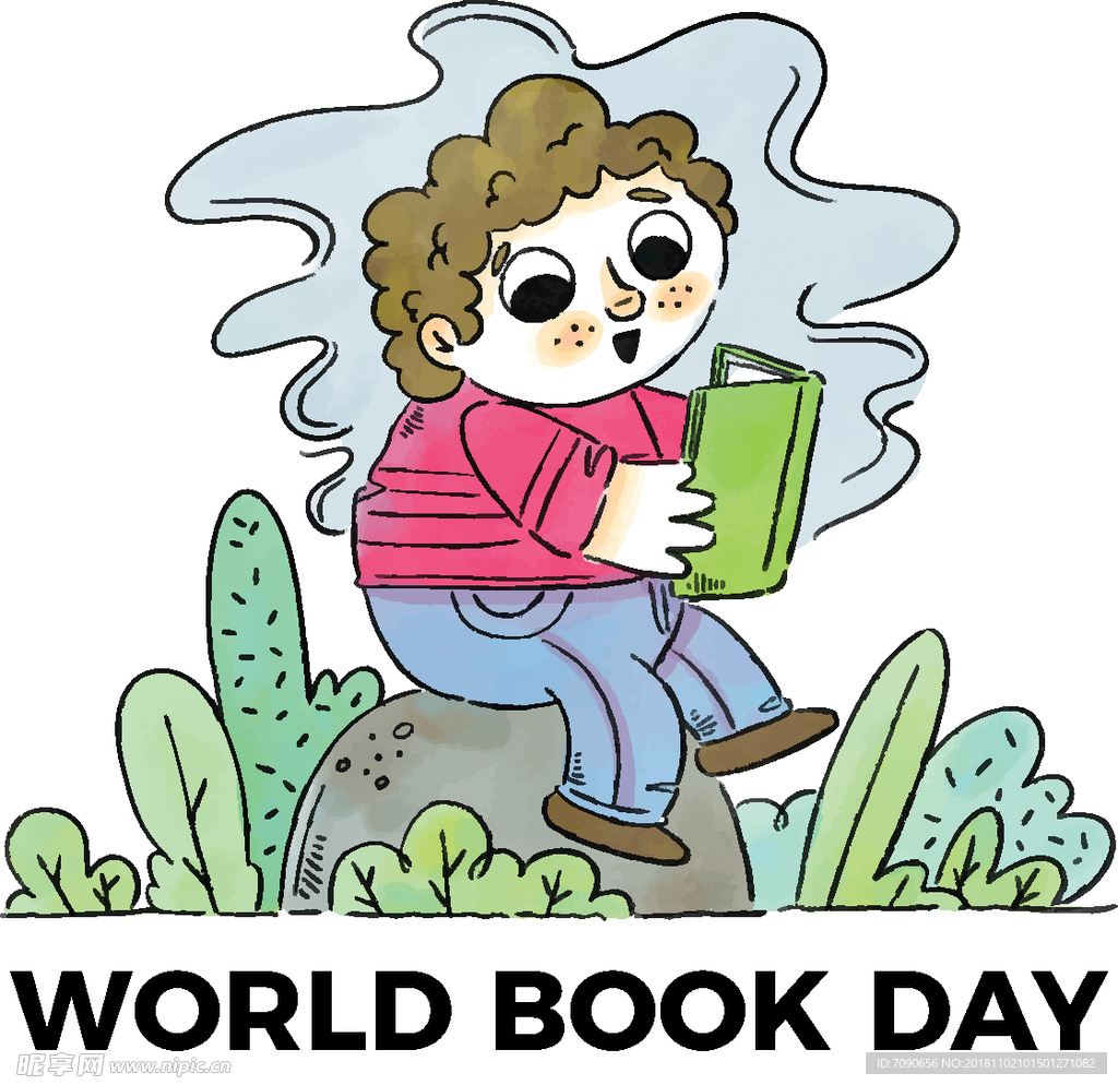 手绘卡通看书男孩