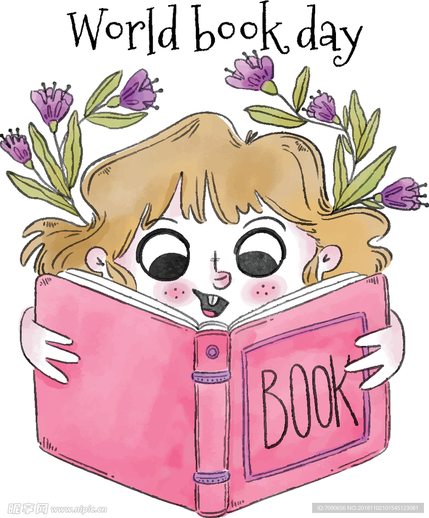 手绘卡通看书女孩