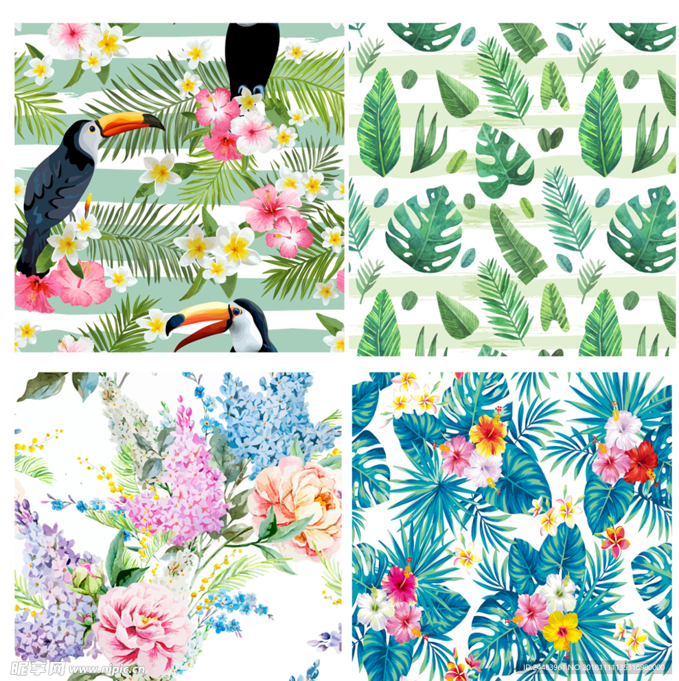 热带植物花卉无缝拼接图案