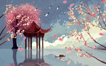 中国风樱花凉亭倒影插画