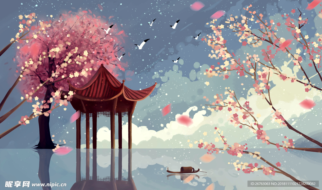 中国风樱花凉亭倒影插画