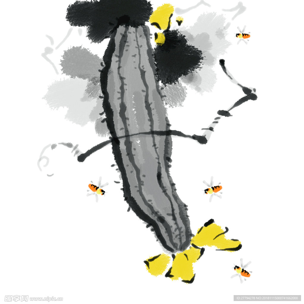 手绘国画风丝瓜与蜜蜂