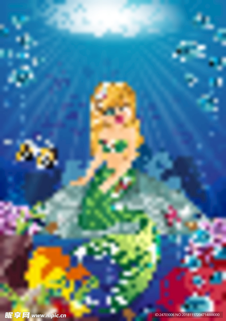 手绘可爱卡通美人鱼海底世界插画