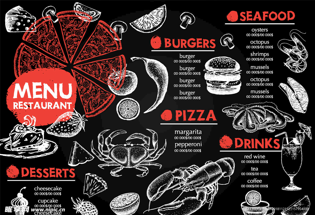 欧式复古手绘汉堡快餐菜单模板