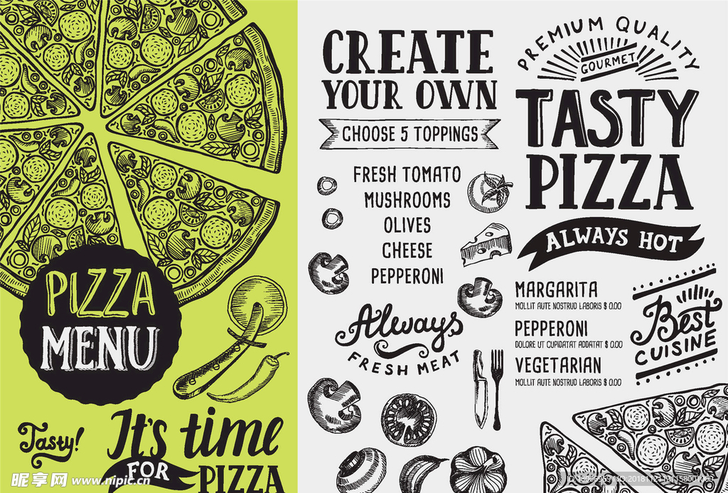 欧式复古手绘披萨快餐菜单模板