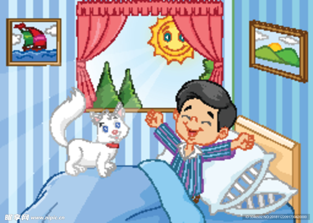 卡通动漫小朋友清晨起床场景插画