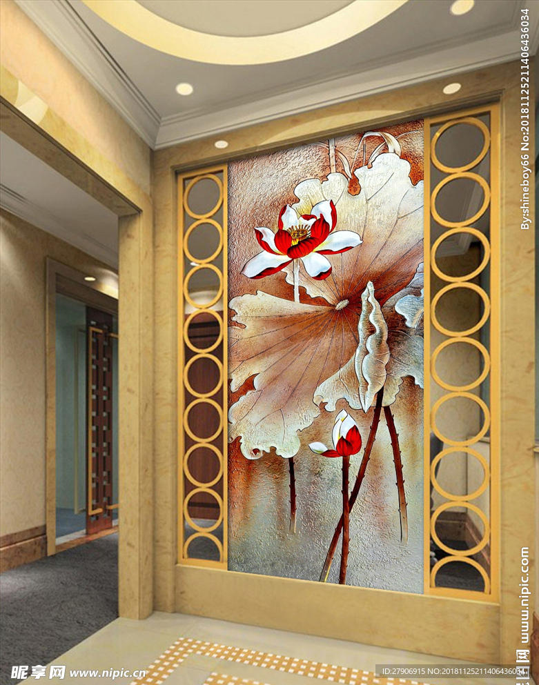 彩雕荷花玄关