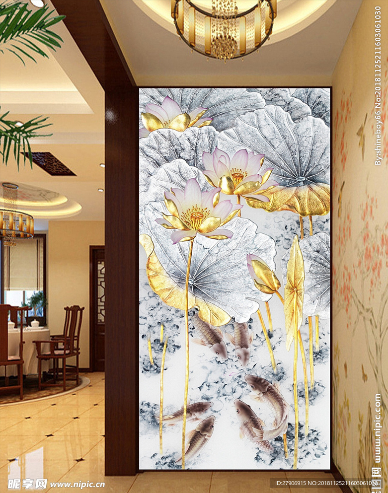 仿彩雕荷花玄关