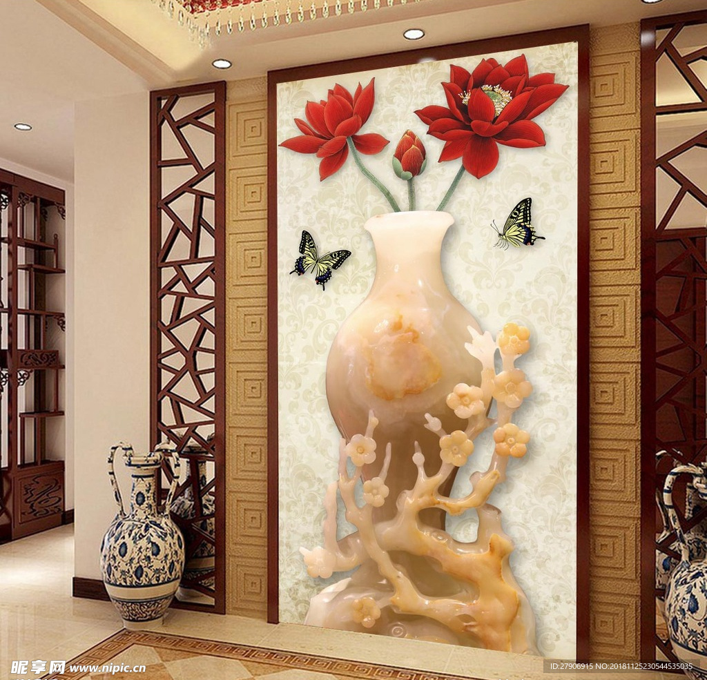 玉雕花瓶工笔荷花中式玄关