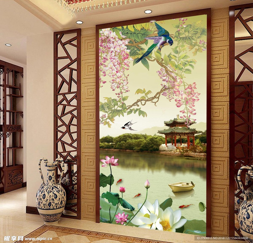 工笔花鸟荷花风景画古典玄关