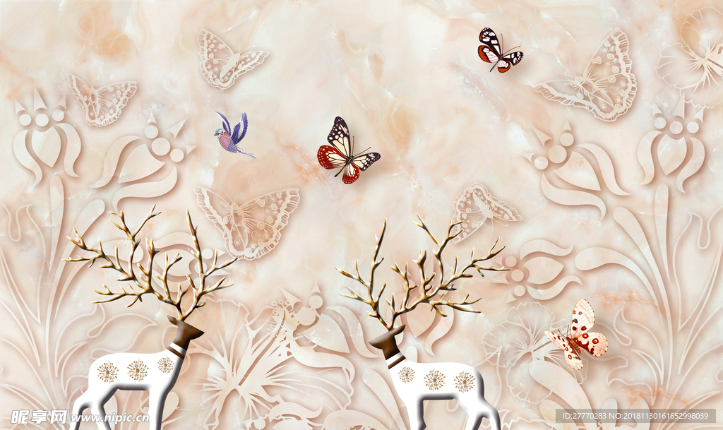 麋鹿花纹大理石背景墙