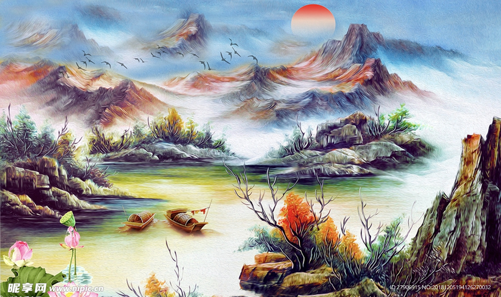 唯美山水荷花风景背景墙