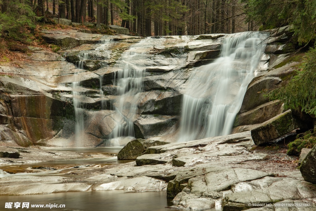 森林石头瀑布图片