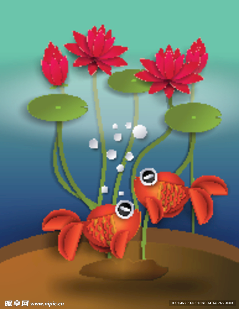 立体壁画鱼戏莲叶间矢量素材