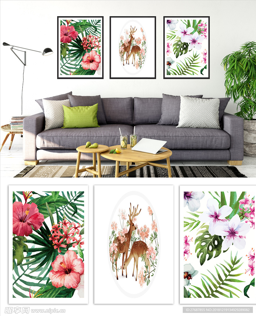 鲜花麋鹿装饰画