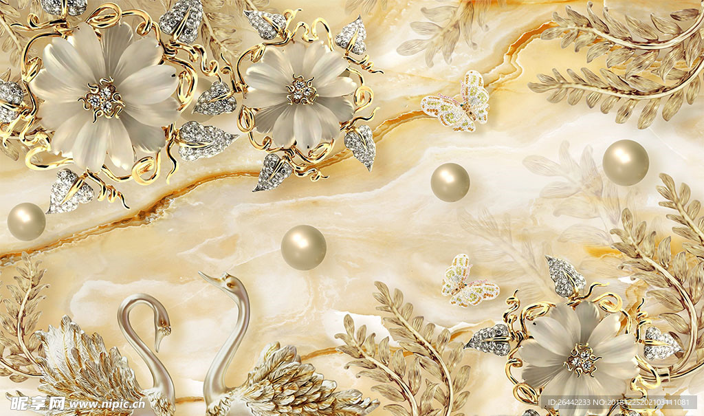 欧式简约大理石珠宝花朵天鹅背景