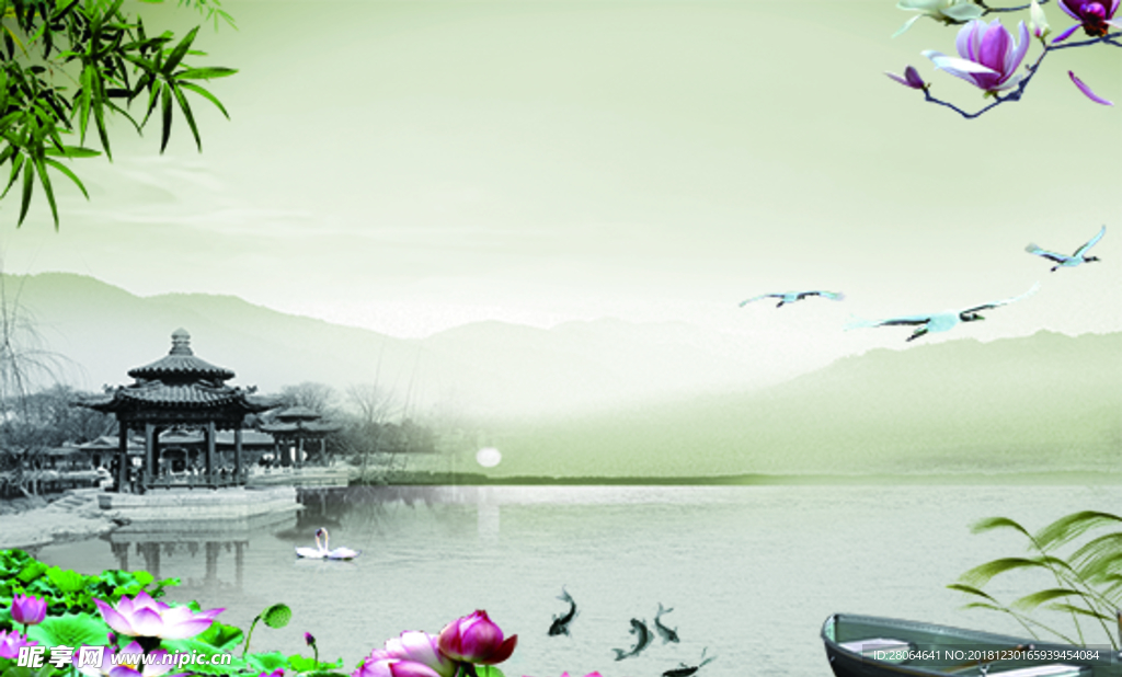 中国风 山水 荷花