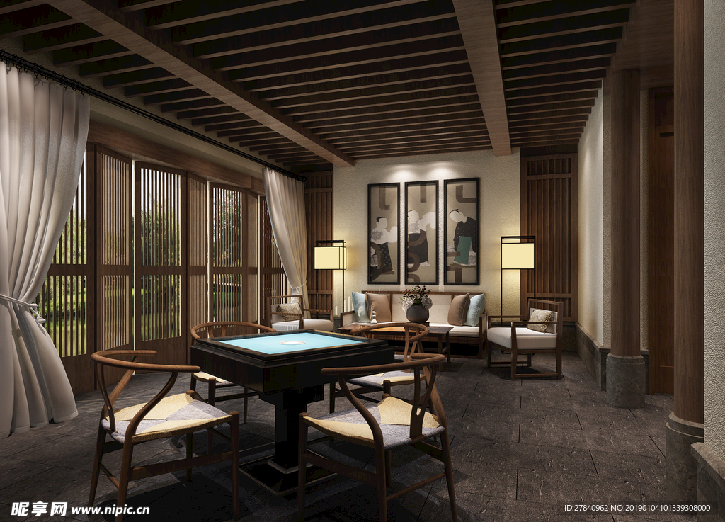 中式书房茶室效果图3D模型