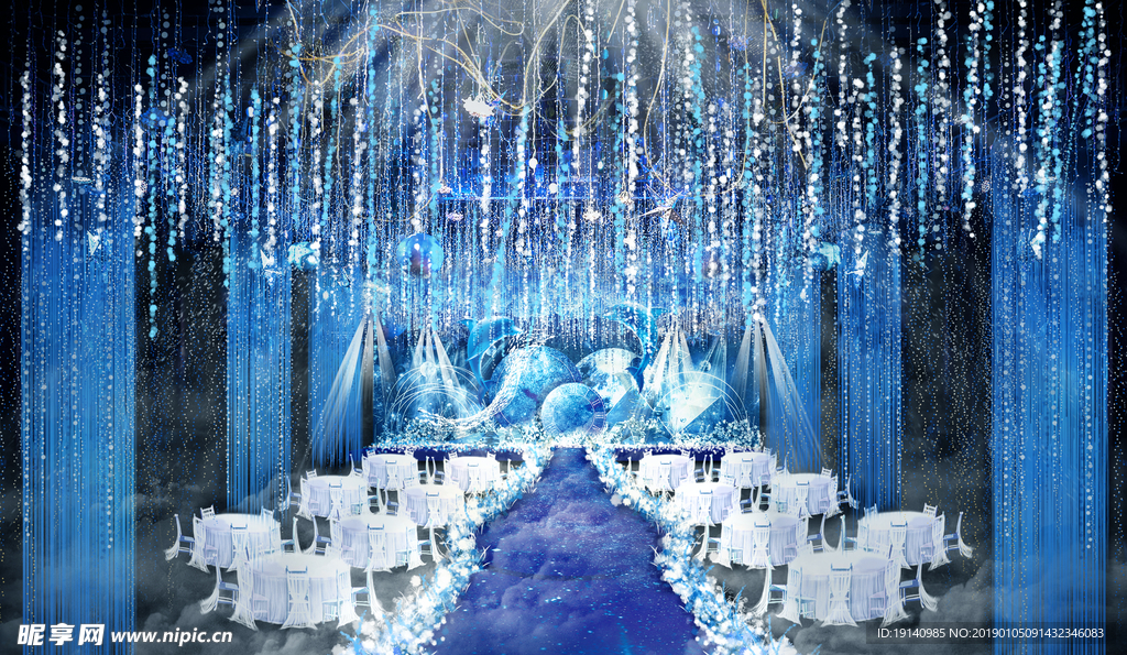 蓝色星空婚礼主舞台背景效果图