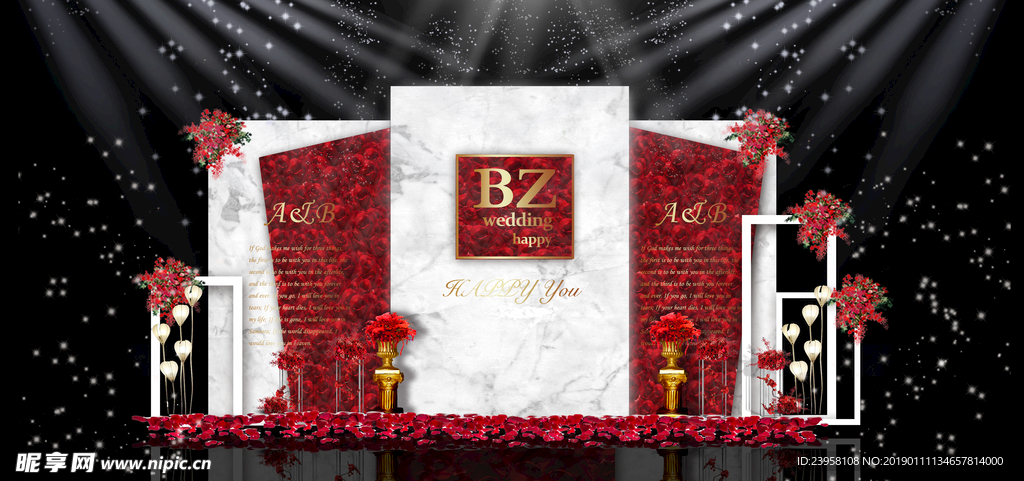 红白色大理石婚礼迎宾区效果图