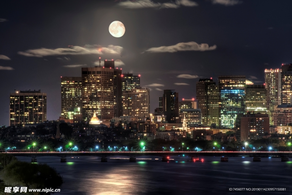 湖畔高楼大厦夜景风景画