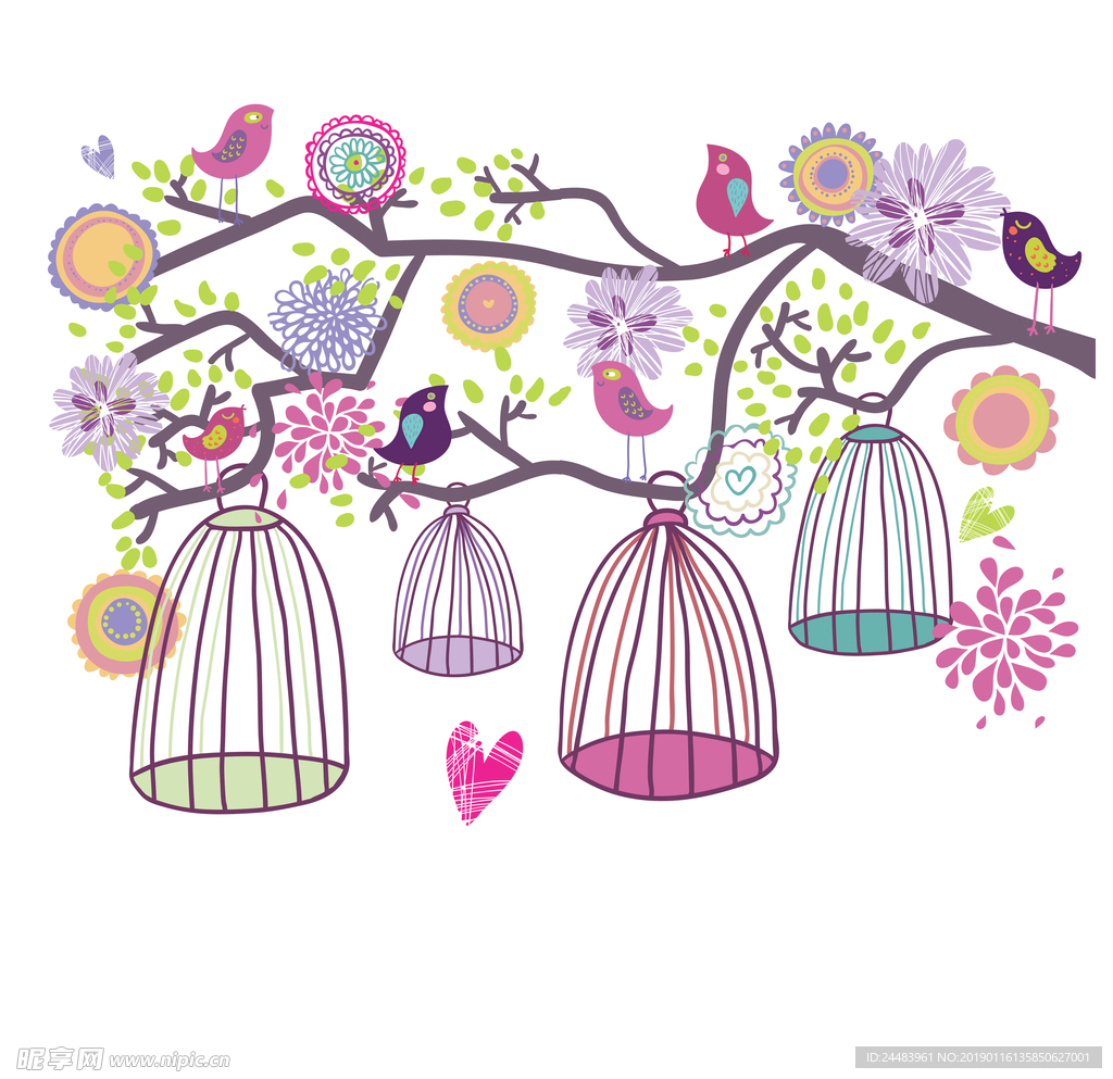 卡通花卉鸟笼