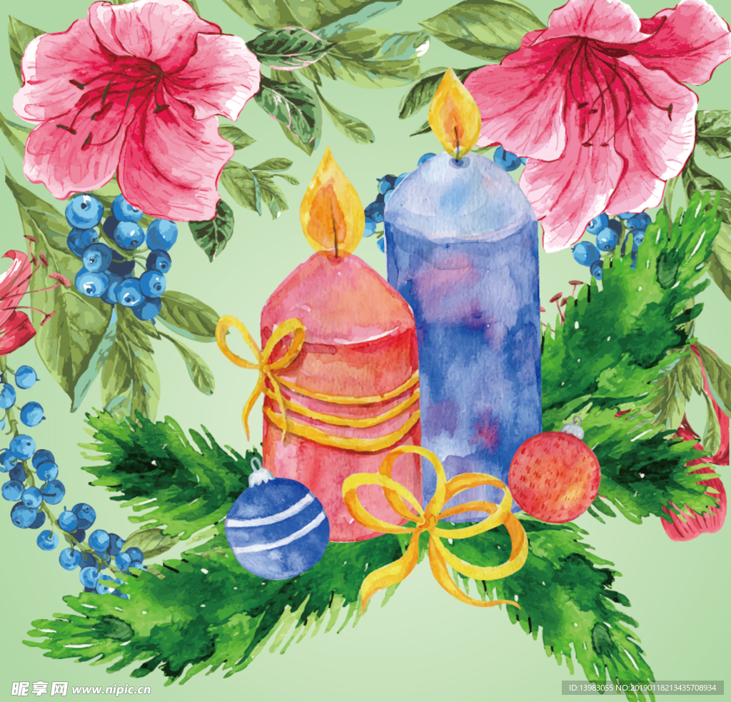 彩绘松枝和蜡烛