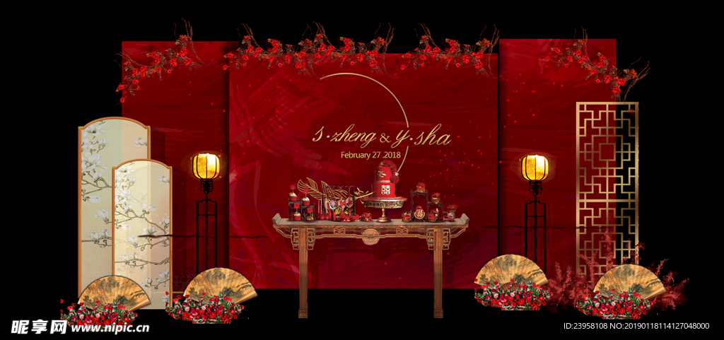 现代感新中式红色婚礼迎宾区效果