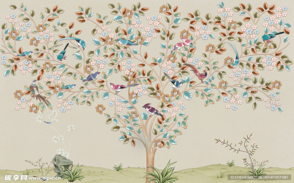 手绘花鸟玄关屏风电视背景墙壁画