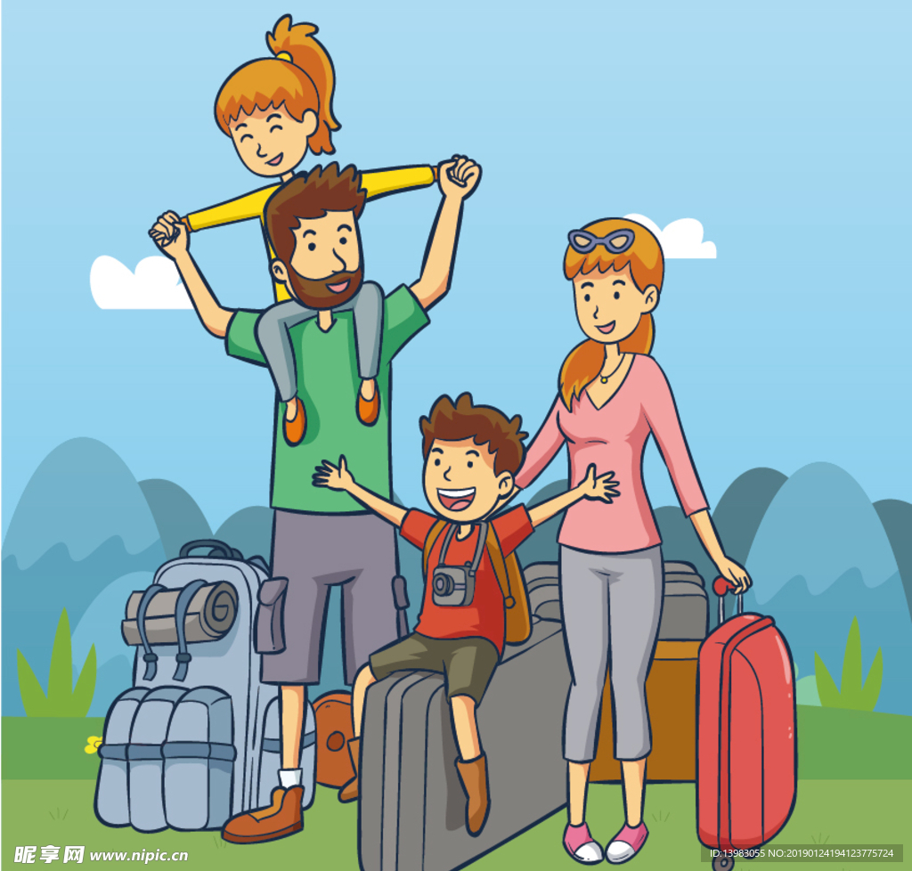 一家四口旅行度假中