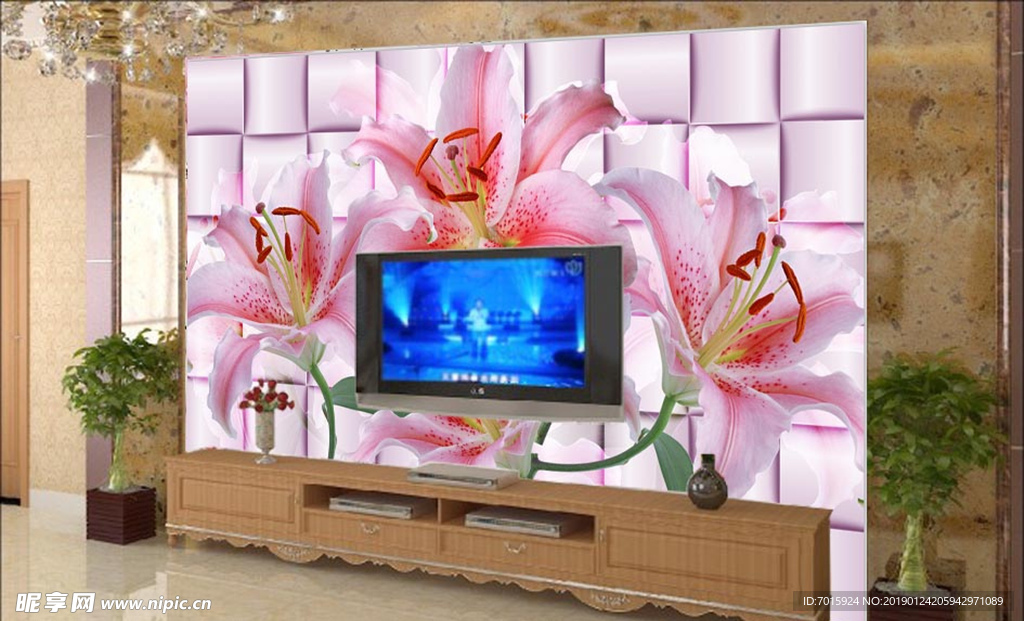 客厅背景墙 壁画 墙纸 百合