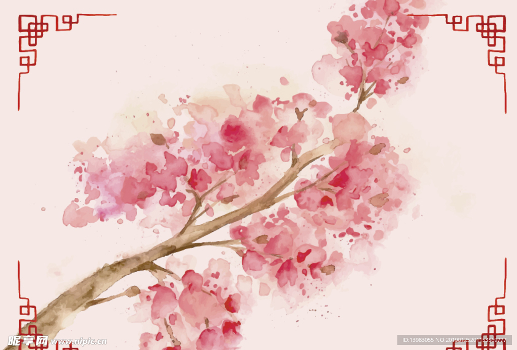 中式水彩绘盛开樱花