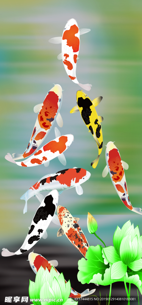 现代简约荷花九鱼图玄关背景墙