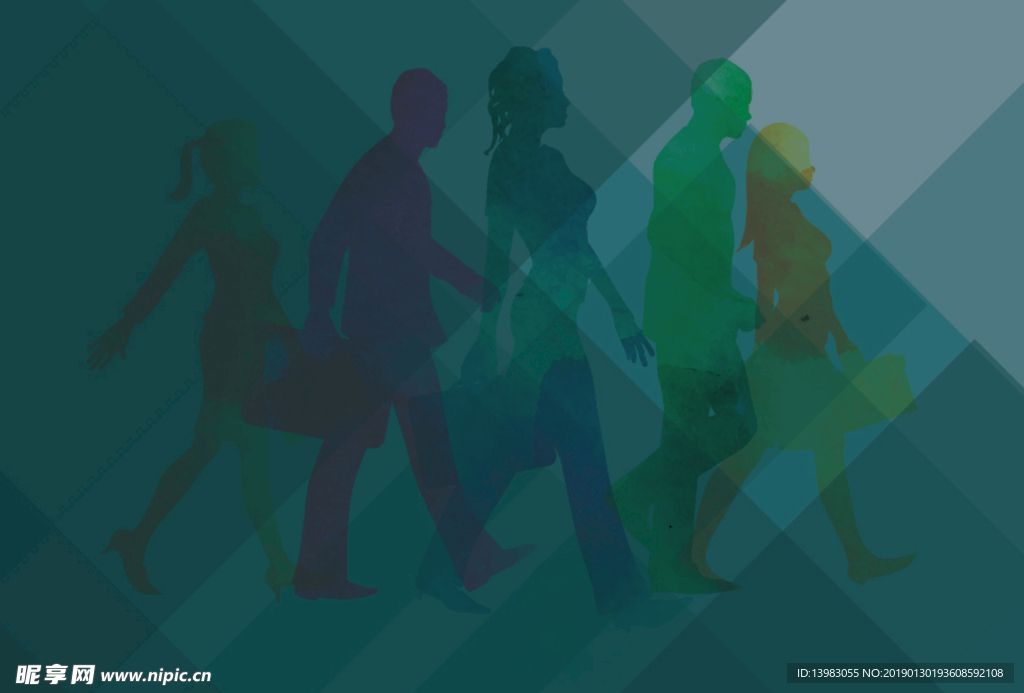 水彩绘行走人物剪影