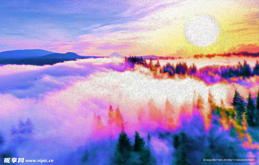 海景 落日 黄昏  风景 油画