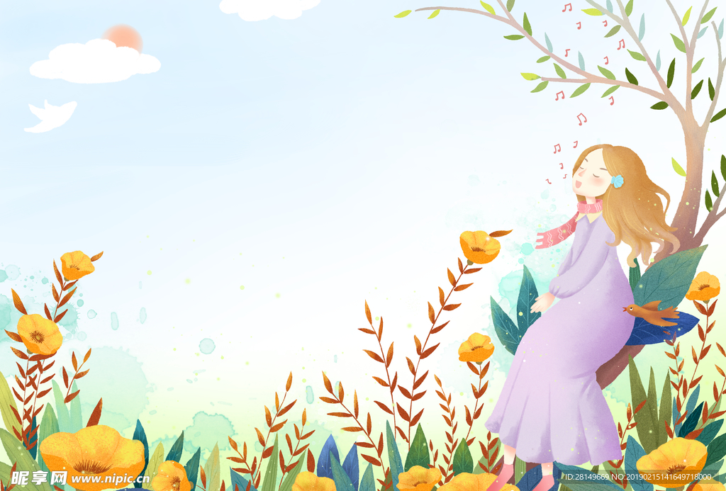 卡通女孩花草背景