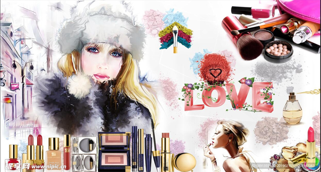 欧美化妆品美甲店彩妆背景墙