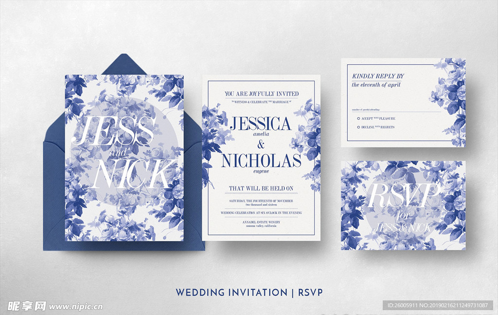 蓝色水彩鲜花结婚海报邀请函